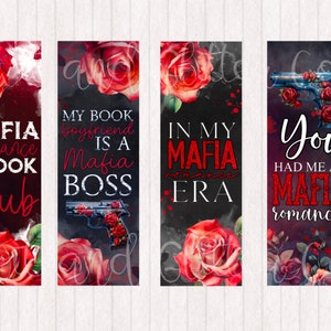 Puede incluir: Cuatro marcap&aacute;ginas con fondo oscuro y rosas rojas. El texto en los marcap&aacute;ginas dice "Mafia Romance Book Club", "My Book Boyfriend is a Mafia Boss", "In My Mafia Era", y "You Had Me at Mafia Romance".