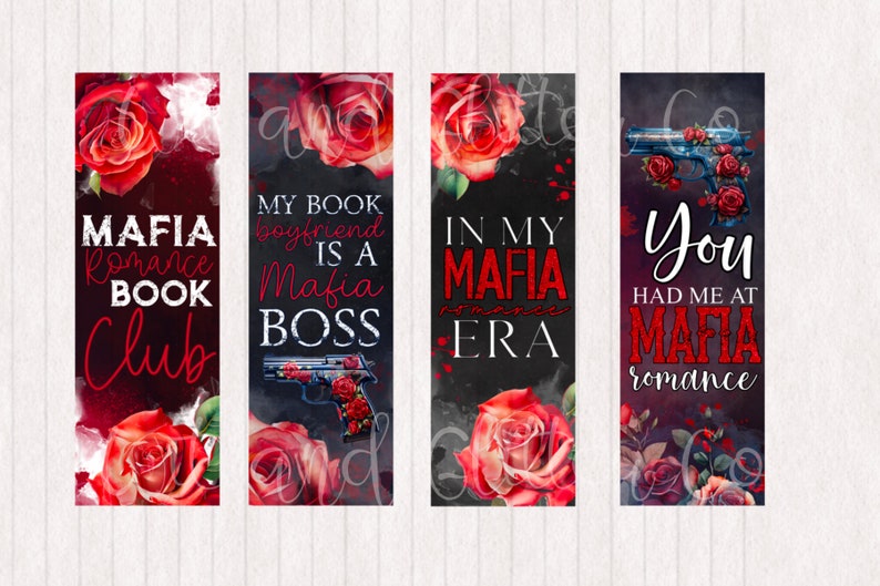 Puede incluir: Cuatro marcap&aacute;ginas con fondo oscuro y rosas rojas. El texto en los marcap&aacute;ginas dice "Mafia Romance Book Club", "My Book Boyfriend is a Mafia Boss", "In My Mafia Era", y "You Had Me at Mafia Romance".
