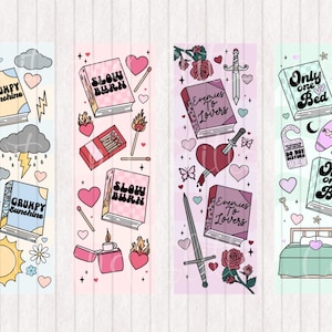 May include: Set of four colorful bookmarks with different designs. Each bookmark features a book with a title, such as "Grumpy Sunshine", "Slow Burn", "Enemies to Lovers", and "Only One Bed". The bookmarks also include various illustrations, such as hearts, flowers, and a sword.