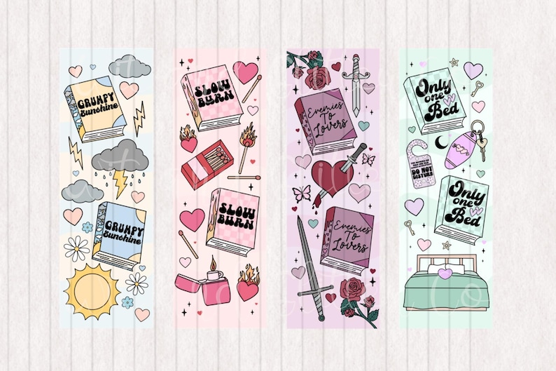 May include: Set of four colorful bookmarks with different designs. Each bookmark features a book with a title, such as "Grumpy Sunshine", "Slow Burn", "Enemies to Lovers", and "Only One Bed". The bookmarks also include various illustrations, such as hearts, flowers, and a sword.
