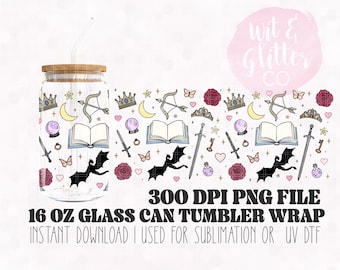 Romantasy Glass Can Wrap: Dragons, Fae, Bookish Theme (PNG Digital File)