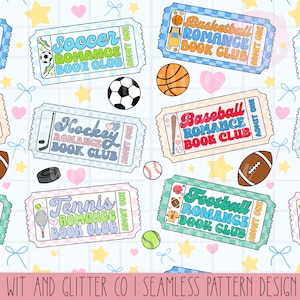 May include: Seamless pattern design featuring ticket stubs with sports themes. Each ticket has the words "Romance Book Club" and a sport: soccer, hockey, tennis, basketball, baseball, and football. The background includes stars, hearts, and bows.