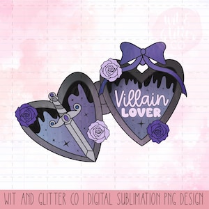 May include: Digital design featuring two heart-shaped pendants with a gothic theme. One pendant has a sword, the other says "Villain Lover". Both are decorated with roses and a dark color palette of purple, black, and gray.