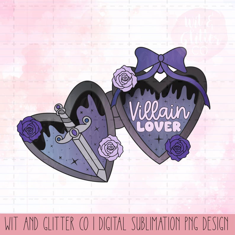 May include: Digital design featuring two heart-shaped pendants with a gothic theme. One pendant has a sword, the other says "Villain Lover". Both are decorated with roses and a dark color palette of purple, black, and gray.