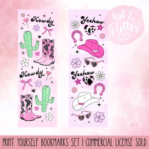May include: Two printable bookmark designs with a pink background. The left bookmark features a cactus, cowboy boots, and the text "Howdy". The right bookmark features a cowboy hat, sunglasses, a horseshoe, and the text "Yeehaw".