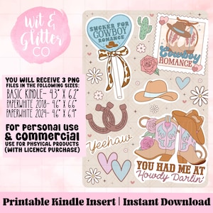 May include: A digital download featuring cowboy-themed graphics. Includes a heart-shaped lollipop, cowboy boots, hats, horseshoes, and the text "Cowboy Romance" and "You Had Me at Howdy Darlin'". The image also includes the text "Printable Kindle Insert | Instant Download".