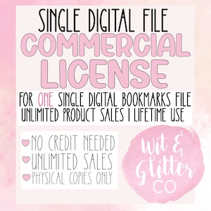 May include: A digital file commercial license graphic with text in black and pink. The text includes "Single Digital File Commercial License" and details about unlimited product sales and lifetime use. The graphic also includes the "Wit & Glitter CO" logo.