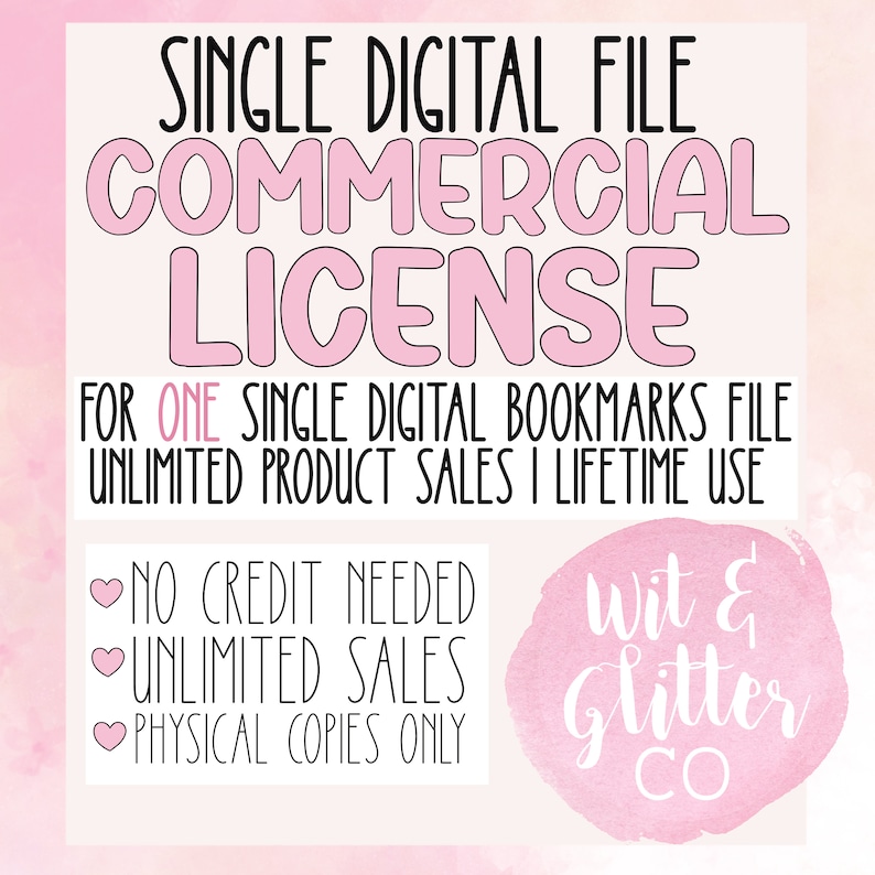 May include: A digital file commercial license graphic with text in black and pink. The text includes "Single Digital File Commercial License" and details about unlimited product sales and lifetime use. The graphic also includes the "Wit & Glitter CO" logo.