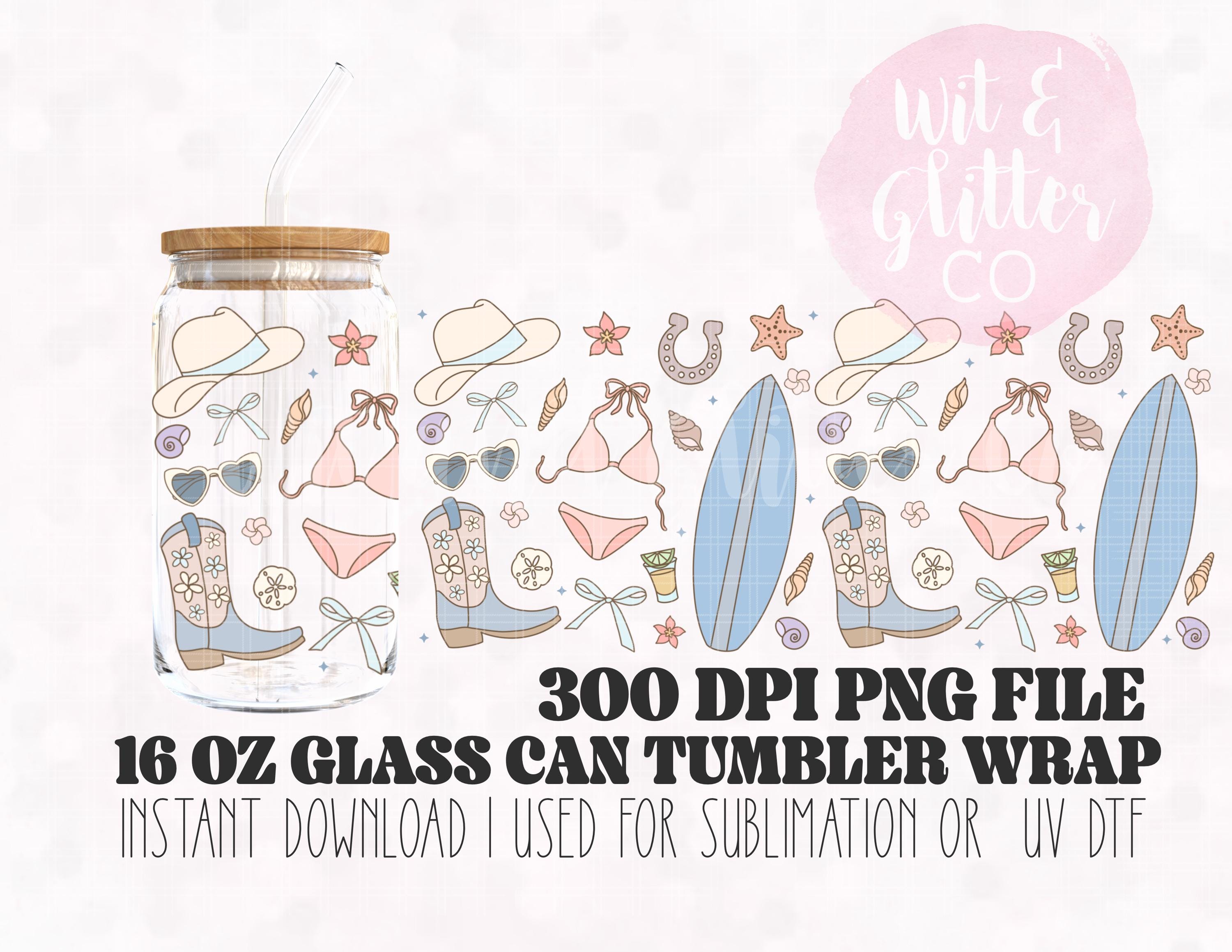 Coastal Cowgirl 16 oz Glass Can Wrap: Beach Western Design (PNG Digital File)