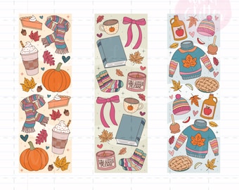 May include: Three digital bookmarks with fall-themed illustrations. One features a pumpkin, scarf, and pie. Another shows a book, socks, and a candle. The last one displays a sweater, pie, and apple cider.