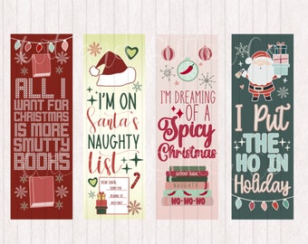 Peut inclure: Quatre marque-pages sur le thème de Noël avec des dictons amusants. Le premier marque-page est rouge et dit "Tout ce que je veux pour Noël, c'est plus de livres coquins". Le deuxième marque-page est vert et dit "Je suis sur la liste des vilains de Père Noël". Le troisième marque-page est rose et dit "Je rêve d'un Noël épicé". Le quatrième marque-page est vert et dit "Je mets le ho dans les vacances".