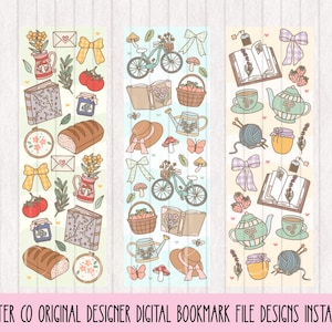 May include: Three illustrated bookmarks with a light wood grain background. Each bookmark features a different design with a pastel color scheme. The designs include elements like books, bicycles, teacups, bread, and bows. The text at the bottom reads "WIT AND GLITTER CO ORIGINAL DESIGNER DIGITAL BOOKMARK FILE DESIGNS INSTANT DOWNLOAD."