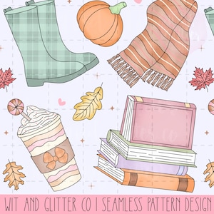 Può includere: Un motivo a pattern continuo con uno stivale da pioggia a quadri verde chiaro, una zucca arancione, una sciarpa a righe con nappe, una tazza di caffè con panna montata e lecca-lecca, una pila di quattro libri e foglie autunnali su sfondo chiaro.