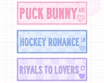May include: Three digital bookmarks with text: "PUCK BUNNY AVE", "HOCKEY ROMANCE LN", and "RIVALS TO LOVERS CT". Each bookmark features a pastel colour scheme and a heart graphic. The bottom of the image reads "WIT AND GLITTER CO I DIGITAL BOOKMARKS PRINTABLE".