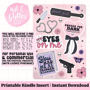 May include: Printable Kindle insert with various graphics, including a knife, handcuffs, a paddle with "good girl" text, a heart-shaped lollipop, a gun, and the text "Eyes on me". The insert is available in three sizes: 10.9 cm x 15.7 cm, 11.7 cm x 16.8 cm, and 11.7 cm x 17.5 cm.