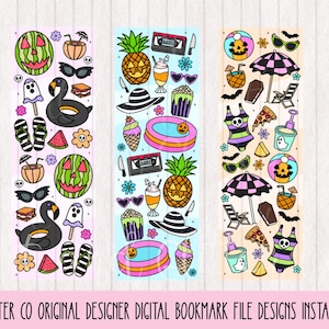 May include: Three digital bookmark designs featuring a variety of summer and Halloween themed illustrations. The designs include ghosts, pumpkins, watermelon, sunglasses, ice cream, and more.