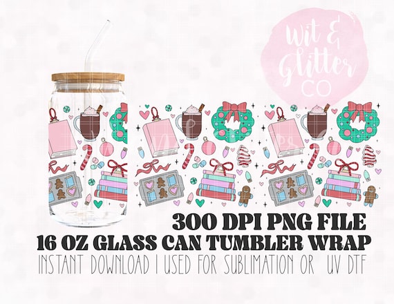 Bookish Christmas Glass Can Wrap: Holiday UVDTF Sublimation Design (PNG Digital File)