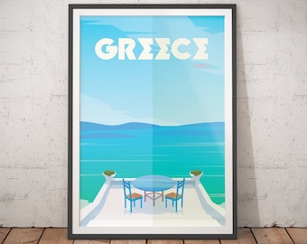 May include: A travel poster with a blue and white color scheme featuring a view of a blue ocean with a table and two chairs on a white patio. The text "GREECE" is in large white letters at the top of the poster.