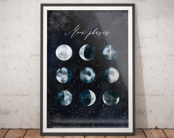 Moon Phases Watercolor Print: Celestial Astrology Poster