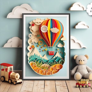 Décoration de chambre d'enfant en montgolfière - Impressions découpées dans du papier / Impressions pour enfants / Décoration de chambre d'enfants / Posters pour bébés / Art mural mignon / Impression de chambre de bébé moderne