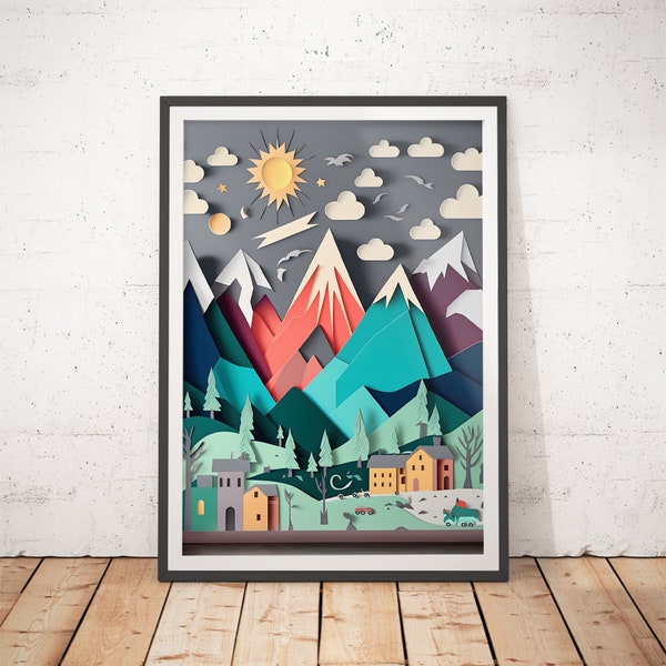 Kids Mountain Art - Paper-cut Nursery Art / Childrens Room Wall Art / Kids Room Posters / Nursery Prints / Infant Art / Cute Decor