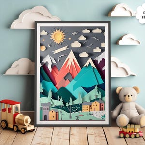 Kids Mountain Art - Arte per bambini ritagliata su carta / Arte murale per la cameretta dei bambini / Poster per la cameretta dei bambini / Stampe per la cameretta dei bambini / Arte per neonati / Decorazioni carine