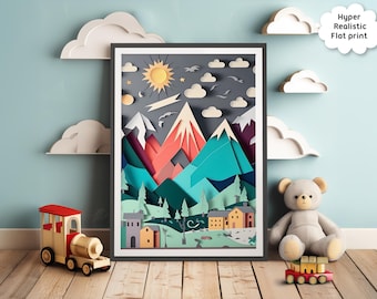 Kids Mountain Art - Paper-cut Nursery Art / Childrens Room Wall Art / Kids Room Posters / Nursery Prints / Infant Art / Cute Decor