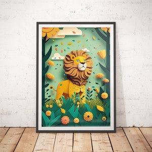Lámina de león para niños - Arte infantil recortado en papel / Arte mural para habitación infantil / Pósteres para habitación infantil / Láminas para habitación infantil / Arte infantil / Decoración infantil