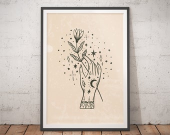 Lámina de arte ocultista sobre quiromancia / Póster místico bohemio para la lectura de la palma de la mano