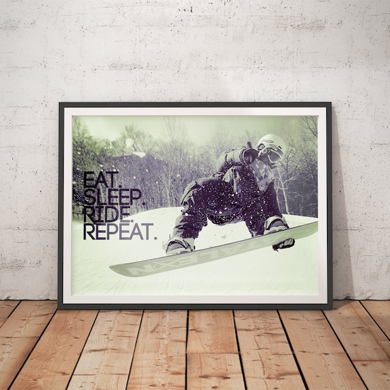 eat sleep ride repeat snowboard Snowboard Art Print: 