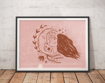 Moon Woman Luna Art Print | Mystical Celestial Wall Decor