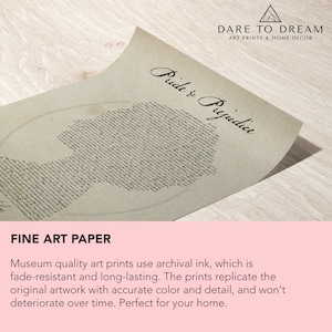 May include: A print of the classic novel "Pride & Prejudice" with the title written in cursive. The print is made with archival ink on fine art paper and features a silhouette of a woman's head made from the text of the novel.