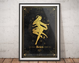 Lámina artística del signo zodiacal Aries / Decoración de pared de astrología mística con detalles en lámina dorada