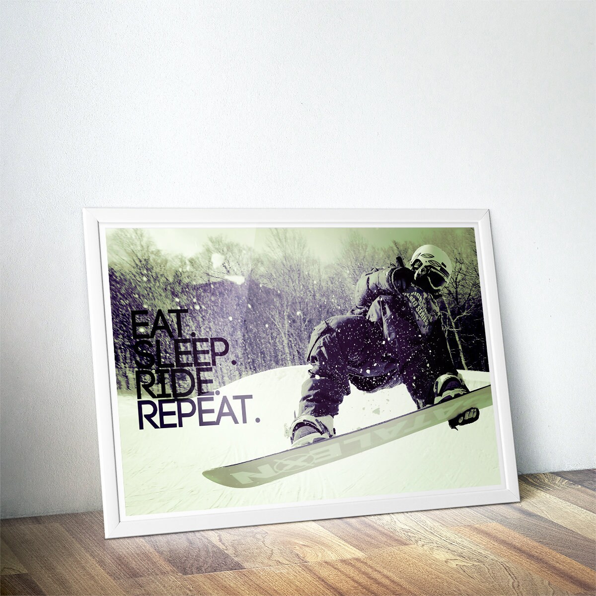 eat sleep ride repeat snowboard Snowboard Art Print: 