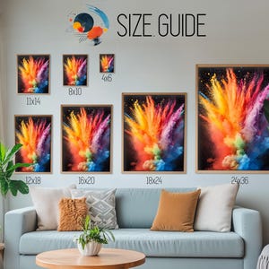 May include: Size guide for colorful abstract art prints. The prints are available in six sizes: 4x6 inches, 8x10 inches, 11x14 inches, 12x18 inches, 16x20 inches, 18x24 inches, and 24x36 inches.