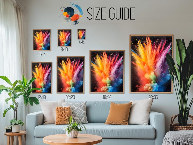 May include: Size guide for colorful abstract art prints. The prints are available in six sizes: 4x6 inches, 8x10 inches, 11x14 inches, 12x18 inches, 16x20 inches, 18x24 inches, and 24x36 inches.