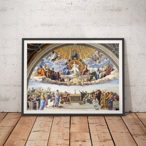 May include: A painting depicting a scene from the Last Supper, with Jesus Christ and his disciples gathered around a table. The painting is set against a backdrop of a vaulted ceiling with a golden dome. The painting is in a dark frame.