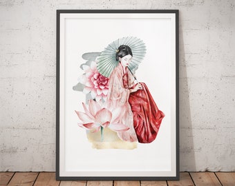 日本人女性の水彩画アートプリント：オリエンタルアジアンインテリア