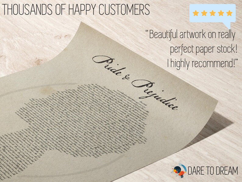 May include: A print of the novel "Pride & Prejudice" with the title written in cursive. The text of the novel is used to create an image of a person's face. The print is on a light brown paper background.