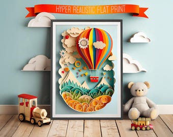 Heißluftballon Kinderzimmer Poster: Scherenschnitt-Stil Kinderwandkunst