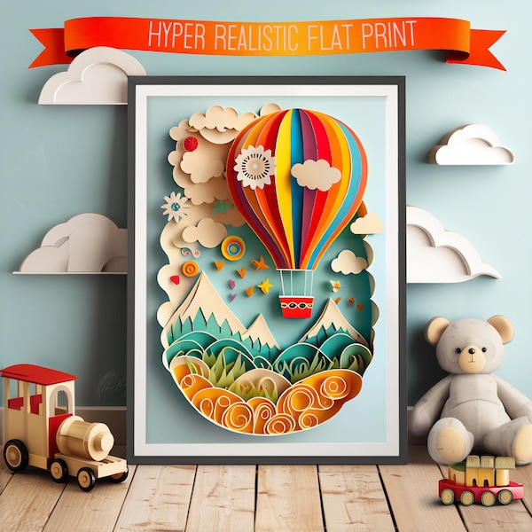 Impression montgolfière pour chambre d'enfant : décoration murale pour enfants style papier découpé