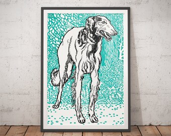 Puede incluir: Ilustración en blanco y negro de un perro de líneas que está de pie sobre un fondo con estampado azul turquesa. El perro es de raza galgo, con patas largas y un hocico largo.