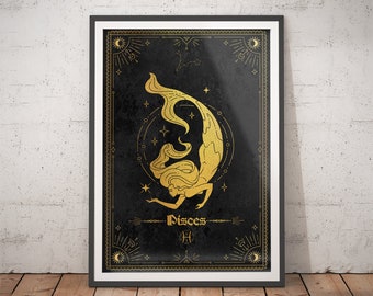 Fische-Goldfoliendruck | Boho-Himmel-Sternzeichen-Wandkunst