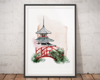 Puede incluir: Una pintura de acuarela de una pagoda japonesa tradicional con un puente rojo delante. La pagoda está rodeada de árboles verdes y un fondo rosa suave.