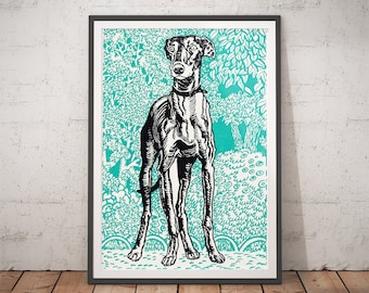 Puede incluir: Ilustración en blanco y negro de un perro de pie en un bosque verde turquesa. El perro es un galgo con un cuerpo largo y delgado y un hocico largo y puntiagudo. El bosque está lleno de árboles y arbustos, y el suelo está cubierto de hojas.