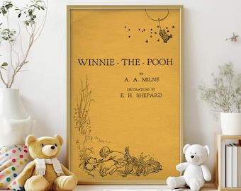 May include: A yellow book cover with the title "Winnie-the-Pooh" by A. A. Milne and decorations by E. H. Shepard. The cover features a black and white illustration of Winnie-the-Pooh and Piglet in the woods.