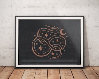 May include: A black and white print of a snake curled into an infinity symbol with stars and a crescent moon. The snake is outlined in copper.