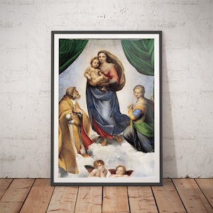 May include: Framed print of a Renaissance painting showing the Virgin Mary with baby Jesus, surrounded by figures and cherubs. The artwork uses blues, reds, and golds, with a green curtain backdrop.
