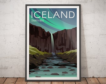 May include: A vintage travel poster for Iceland featuring a waterfall and the Northern Lights. The poster has the text "ICELAND" and "SVARTIFOSS" in white.