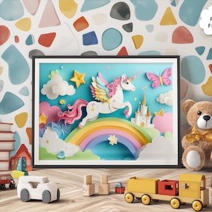 Impresión de unicornio para habitación de niñas: impresión de arte mágico, decoración de habitación de niñas, arte de pared de castillo de fantasía, arte infantil, decoración de pared infantil, habitación de cuento de hadas